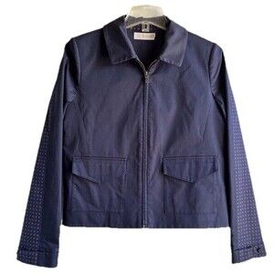 Tory Burch Navy Cotton Lined Jacket Coat Blazer Lane Print Pleated Swing Back 8